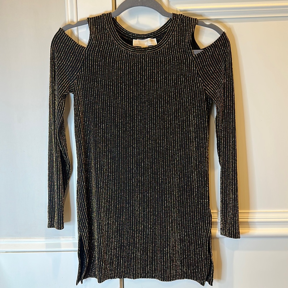 Michael Kors Women’s Black Glitter Gold Striped Long Sleeve Cold Shoulder Top